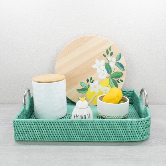 Leaf Shaped Mixed Texture Rattan Tray with Handles